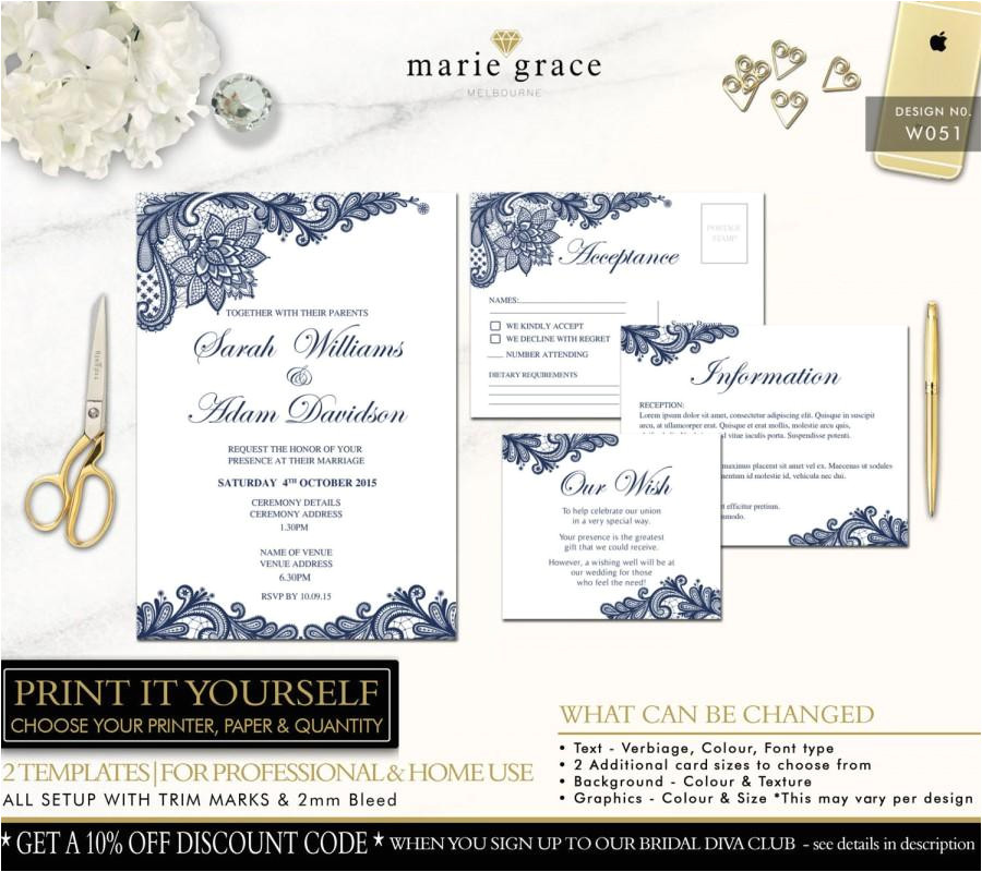 Wedding Invitation Template Navy Blue Wedding Invitation Navy Blue and Lace Wedding Invitation