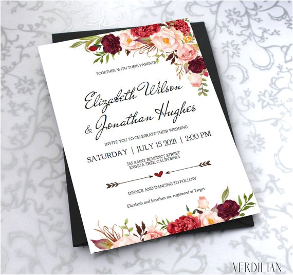 Wedding Invitation Template Pdf Printable Wedding Invitation Template Floral Burgundy