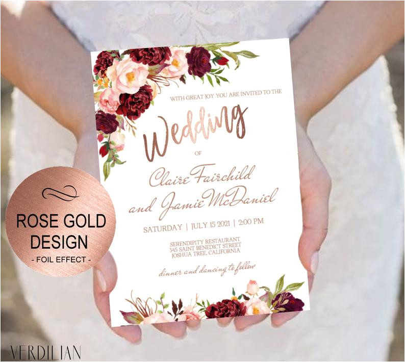 Wedding Invitation Template Rose Gold Marsala Rose Gold Wedding Invitation Template Set Blush