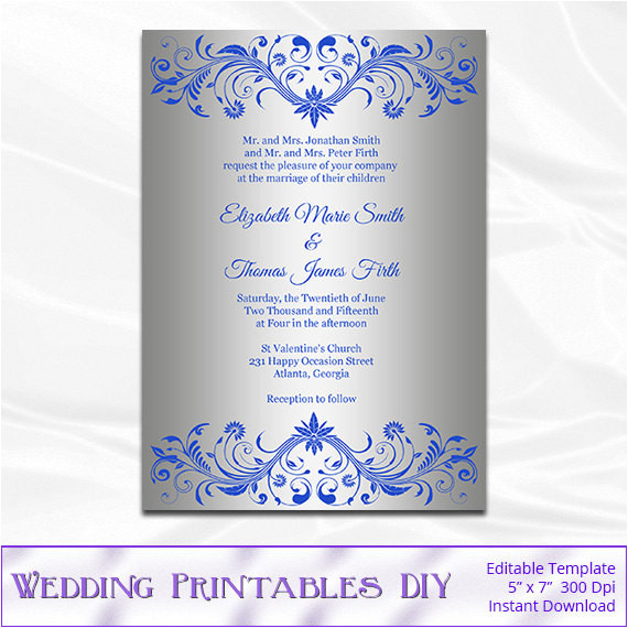 Wedding Invitation Template Royal Blue and Silver Royal Blue and Silver Wedding Invitation Template Diy Silver