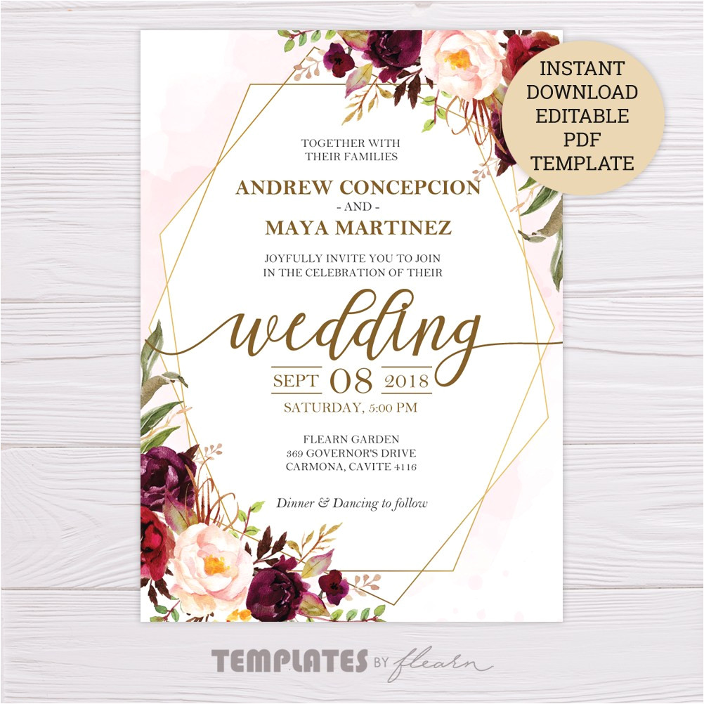 Wedding Invitation Template Set Marsala Flowers with Gold Frame Wedding Invitation Wedding Invitation Template Set Marsala Flowers with Gold Frame Wedding Invitation