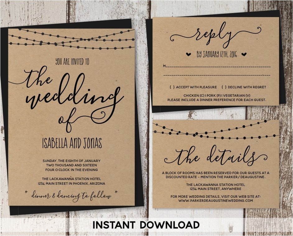 Wedding Invitation Template Set Wedding Invitation Template Rustic Printable Set String Wedding Invitation Template Set Wedding Invitation Template Rustic Printable Set String