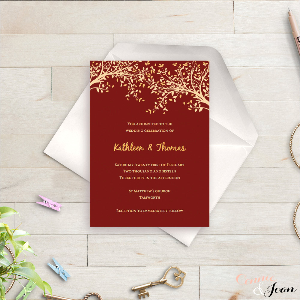 Wedding Invitation Templates Red and Gold Red and Gold Printable Wedding Invitation Template Leaves