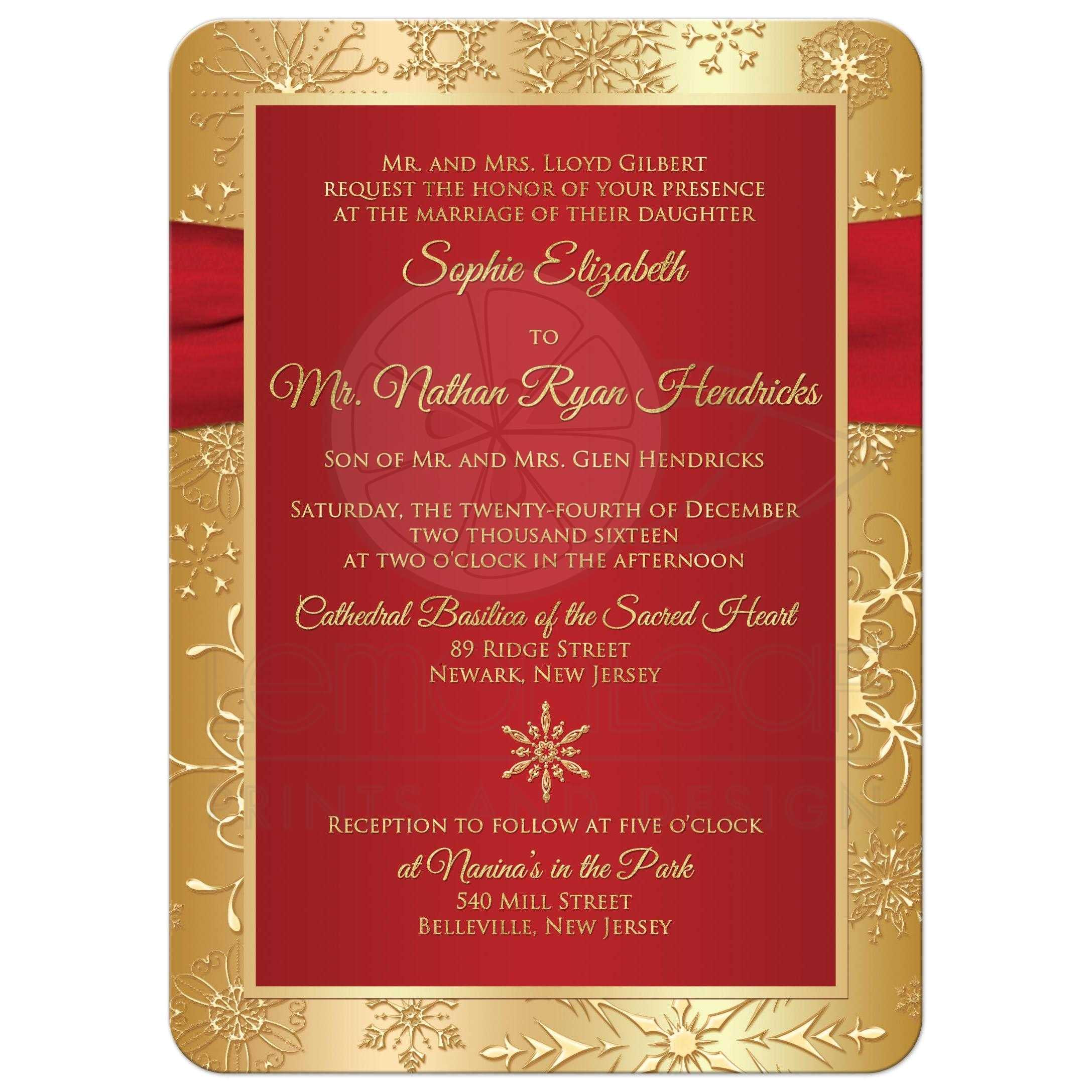 Wedding Invitation Templates Red and Gold Winter Wedding Invitation Red Gold Snowflakes Printed