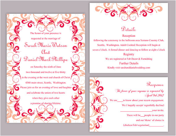 Wedding Invitation Templates Red and White Diy Wedding Invitation Template Set Editable Word File