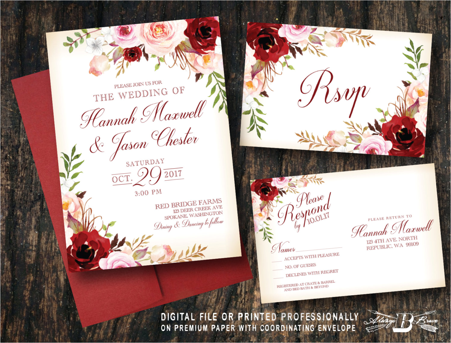 Wedding Invitation Templates Red and White Red Blush Floral Wedding Invitation Set Pink Flowers Vintage