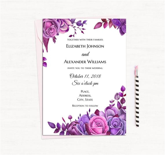 Wedding Invitation Templates Violet Purple Roses Invitation Template Floral Wedding Invitation