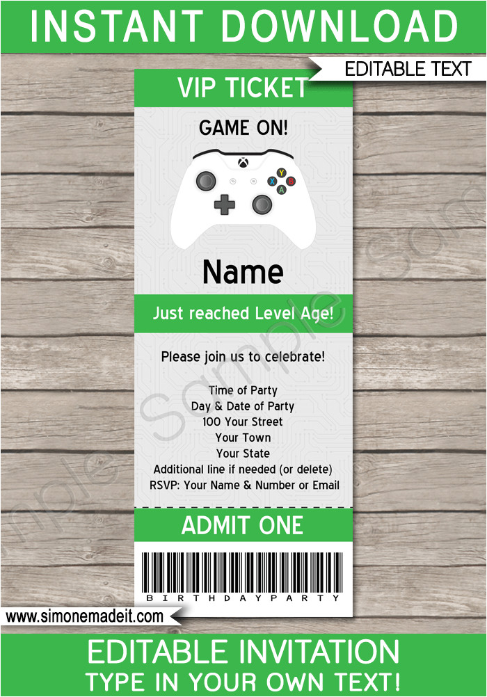 Xbox Party Invitation Template Xbox Party Ticket Invitation Template Video Game theme