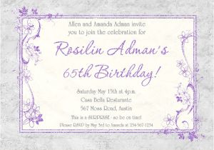 65th Birthday Invitation Verses Lavender Birthday 65th Party Invitation soft Gray Custom