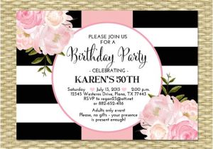 70th Birthday Brunch Invitations 30th Birthday Invitation Black White Stripes Pink Peonies