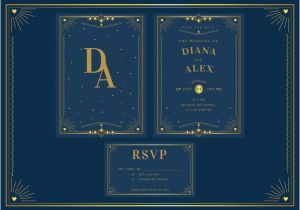 Art Deco Wedding Invitation Template Elegant Blue Gold Pack Art Deco Wedding Invitation