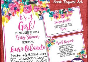 Baby Shower Invitations with Diaper Raffle and Book Request Baby Shower Invitation Watercolor Flowers Invitation