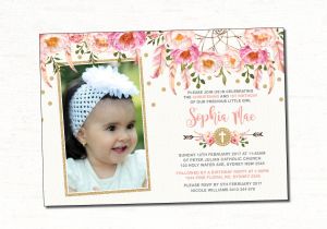 Birthday and Baptism Invitations Floral First Birthday & Baptism Invitation Pink and Gold