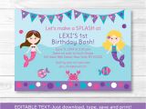 Birthday Invitation Template Editable Mermaid Printable Birthday Invitation Editable Pdf Ebay