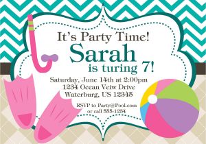 Birthday Invitation with Dress Code Pool Party Invitation Teal Chevron and Tan Argyle Beach