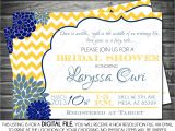 Blue and Yellow Bridal Shower Invitations Bridal Shower Invitation Chevron Yellow Navy Blue Mums