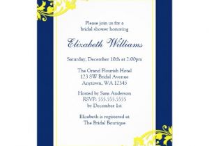 Blue and Yellow Bridal Shower Invitations Navy Blue and Yellow Flourish Swirls Bridal Shower 5" X 7