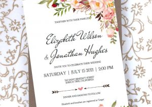 Blush Pink Wedding Invitation Template Floral Wedding Invitation Template Blush Rustic Watercolor