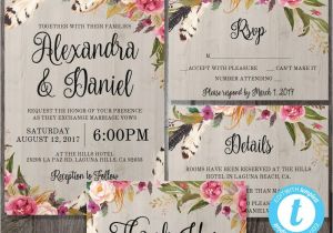 Boho Wedding Invitation Template Printable Boho Wedding Invitation Template Set Rsvp