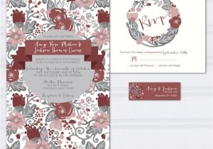 Burgundy and Gray Wedding Invitations Floral Pattern Wedding Invitations Marcala Wine Wedding