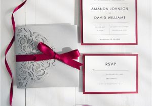 Burgundy and Grey Wedding Invitations Burgundy and Gray Elegant Laser Cut Pocket Wedding