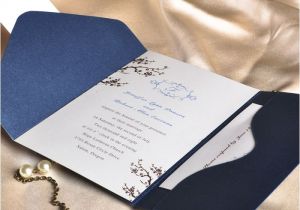 Cheap Wedding Invite Sets Elegant Floral Art Decor Monogram Blue Pocket Discount