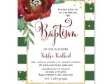 Christmas Baptism Invitations Floral Green and White Stripe Christmas Baptism Invitation