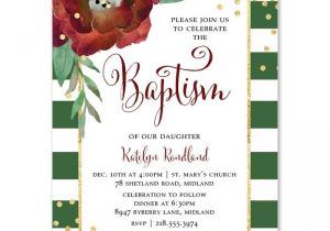 Christmas Baptism Invitations Floral Green and White Stripe Christmas Baptism Invitation