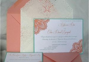 Coloured Wedding Invitations Coral Peach N Turquoise Blue Aqua Teal Blue Lace Wedding