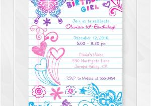 Cool Party Invites for Teenager Notebook Doodles Tween Birthday Invitation Girl Birthday