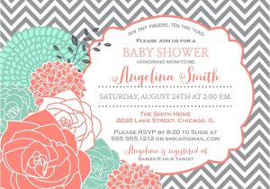 Coral and Mint Baby Shower Invitations Coral & Mint Baby Shower Bridal Shower Invitation Gray