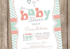 Coral and Mint Baby Shower Invitations Coral and Mint Baby Shower Invitation Chevron Invitation