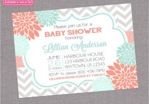 Coral and Mint Baby Shower Invitations Floral Coral Mint Chevron Baby Shower Grey by Zoeybluedesigns