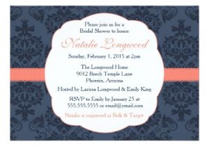 Coral and Navy Bridal Shower Invitations Damask Invitation Bridal Baby Shower Coral Navy