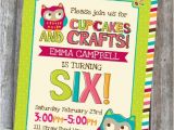 Craft Birthday Party Invitations Owl Craft Birthday Party Invite Cupcakes and Crafts Party