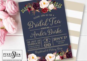 Dusty Blue and Cranberry Wedding Invitations Navy Blue Bridal Tea Invitation Vintage Rose and Peony