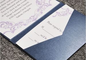 Elegant Affordable Wedding Invitations Elegant Purple Damask Card and Blue Pocket Affordable
