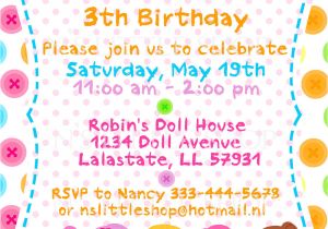 Example Invitation Card Birthday Party button Doll Birthday Invitation Card Customize by