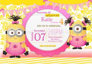 Girl Minion Birthday Party Invitations Minions Girls Birthday Card Invitation Minions theme Birthday