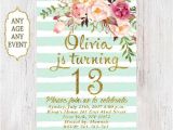 Girls 13th Birthday Party Invitations Floral Birthday Invitation 13th Birthday Invitations Girl
