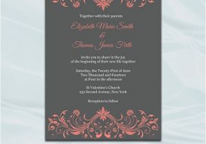 Gray and Coral Wedding Invitations Coral and Gray Wedding Invitation Template Diy Printable
