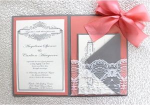 Gray and Coral Wedding Invitations Grey Coral Lace Wedding Invitation by Alexandrialindo On