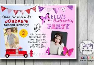 Joint Birthday Party Invitation Template Firetruck butterfly Joint Birthday Invitation for Boy and Girl