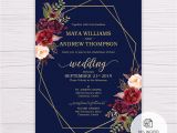 Marsala Wedding Invitation Template Navy Blue with Marsala Flowers Gold Frame Wedding