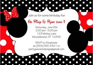 Mickey and Minnie Mouse Birthday Invitations for Twins Mickey and Minnie Invitations Template