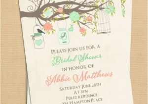 Mint and Coral Bridal Shower Invitations Mint and Coral Bridal Shower Invitation with Birdcage