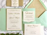 Mint and Gold Wedding Invites Mint and Gold Glitter Pocket Wedding Invitations with Glitter