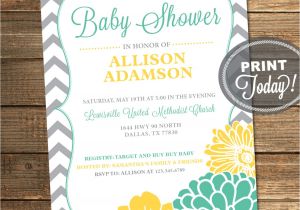 Mint Green and Yellow Baby Shower Invitations Neutral Baby Shower Invitation Mint Green Yellow Gray