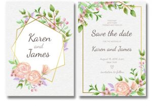 Modern Wedding Invitation Cards Template Vector Floral Wedding Invitation Template with Golden Frame
