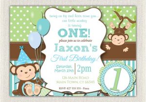 Monkey Invites First Birthday Boys Blue and Green Monkey 1st Birthday Invitation